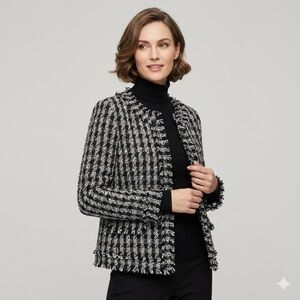 ANN TAYLOR Houndstooth Tweed Fringe Blazer Jacket - Black/White Size 14